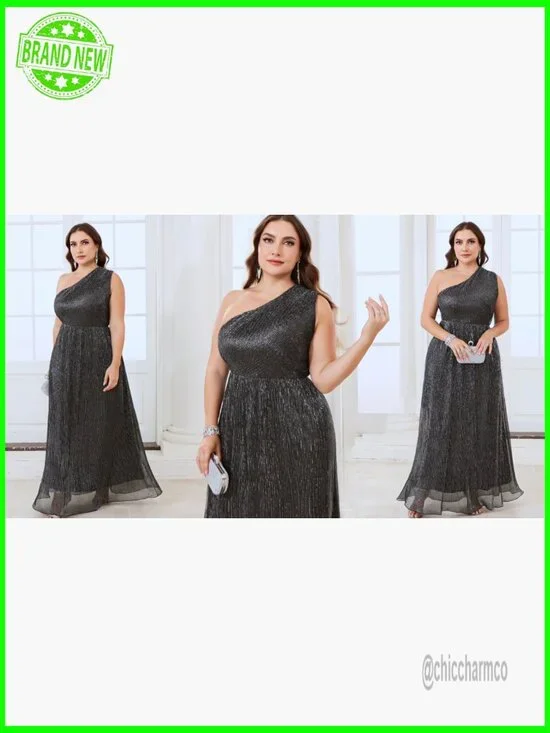 Plus Size Formal One Shoulder Maxi Dress Sparkly Sleeveless A-Line Prom Gown - Picture 7 of 7
